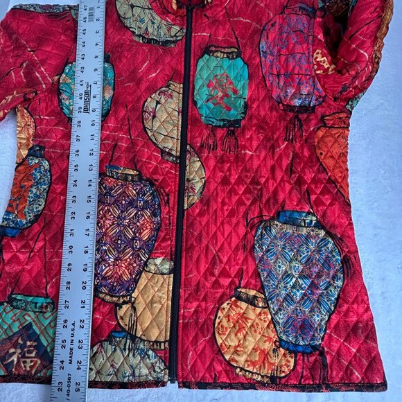 Chico's Womens Quilted Lantern Print Jacket Size 2 Red Silk Zip Up Lightweight - Picture 7 of 8